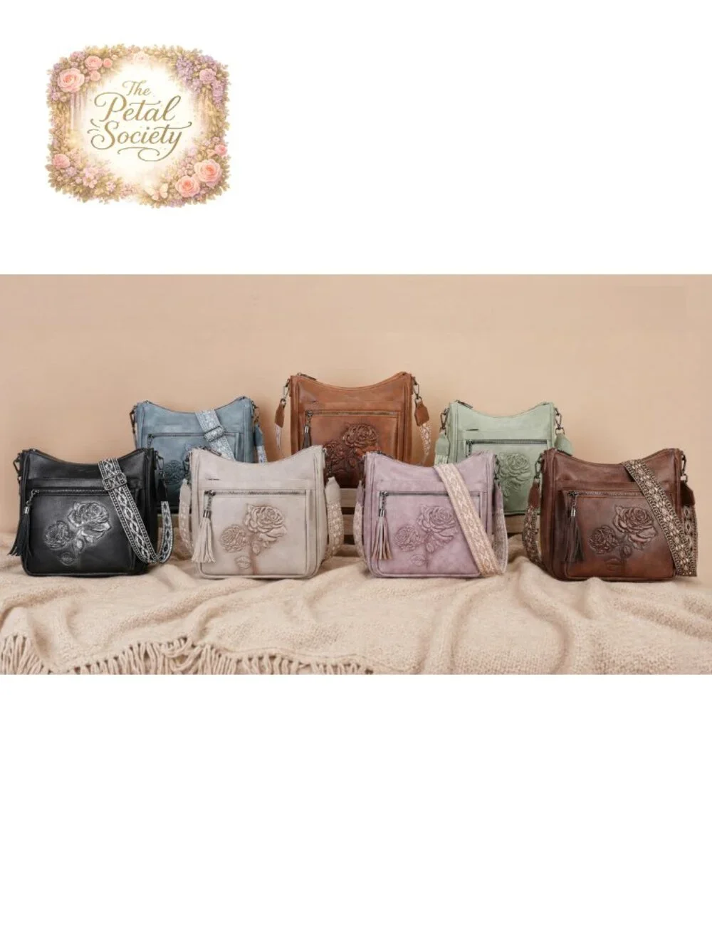 Vegan Leather Hobo Crossbody Bag Embossed Floral Shoulder Purse